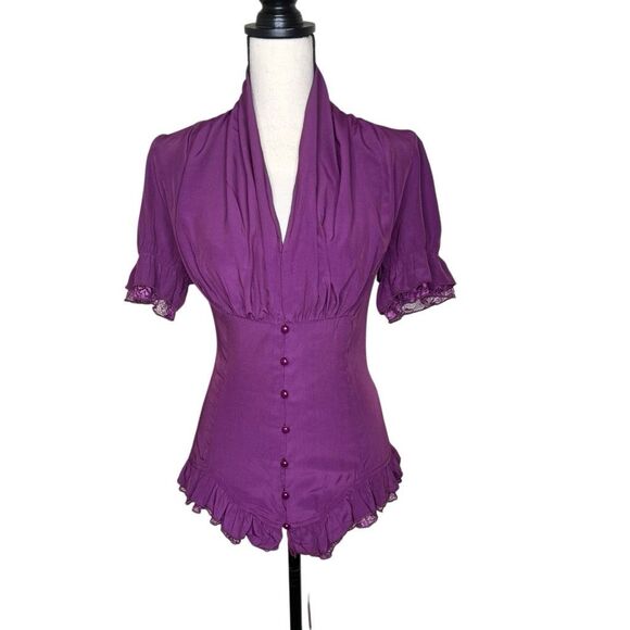 Scarlet Darkness Burgundy Satin Corset Short Sleeve Victorian Blouse Size M - Picture 2 of 16